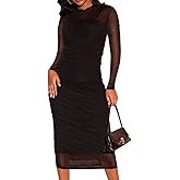 MOEENCN Sexy Long Sleeve Midi Dress for Women Sheer Mesh Printed 2 Piece Skirt Set Crew Neck See Through Bodycon Clubwear