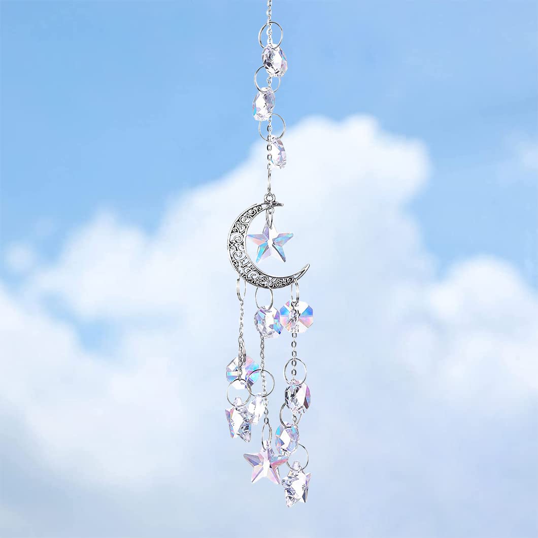 Rolin Roly Crystal Suncatcher, Crescent Moon Sun Catchers, Small Hanging Catcher Pendant Prism, Colorful Rainbow Maker for Christmas Wedding Home Garden Chakra Car Decoration(Silver Moon Sun Catcher)