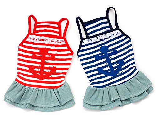 ZUNEA Pet Apparel Small Dog Cat Clothes Costume Summer Sailor Striped Strap Dress Layer Skirt Clothing