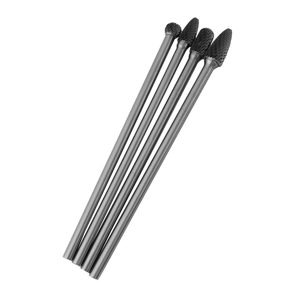 Hilitand 4pcs Cemented Carbide Rotary Burr Set, 6mm Shank, High Hardness, Multi-Functional, Various Shapes for Grinder Drill