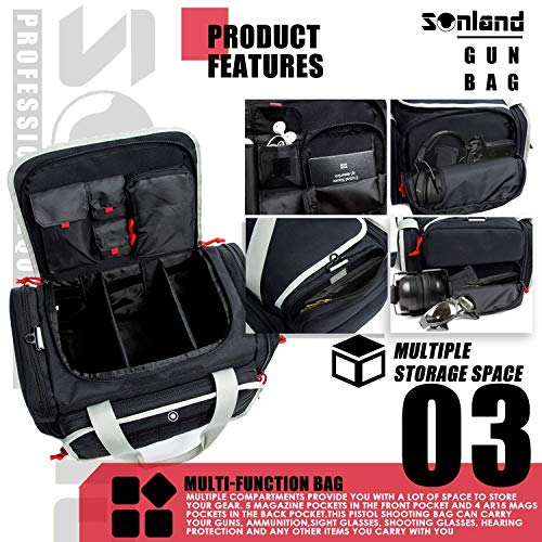 SUNLAND Range Bag Handgun Pistol Shooting Range Duffle Bag Padded Large Gun Bag Ammo Accessories and Hunting (Blk/Grey) - Thumbnail 3