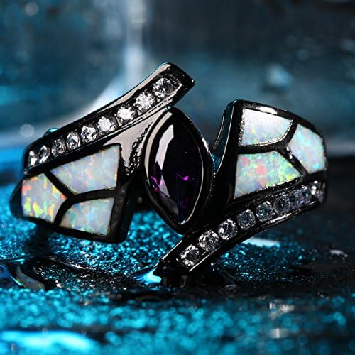 Lady Rings White Fire Opal Purple Cubic Zirconia Black Plated Flower Leaf Bypass Party Jewelry Size 5-10