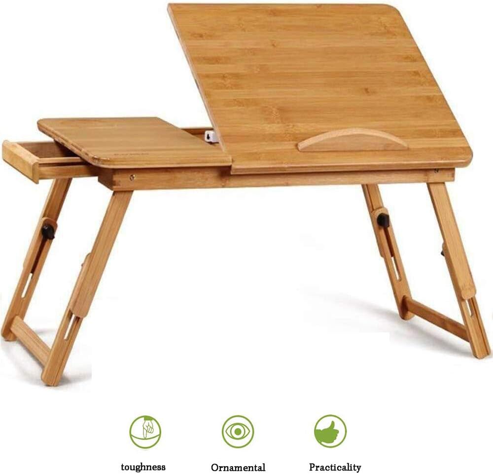 Adjustable Laptop Lap Desk Tilting Top Foldable Laptop Bed Table Multi-Tasking Stand Breakfast Serving Bamboo Supports Up to 17in Computer/Tablet(Smooth Flat)