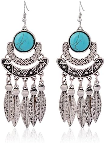 Bohemian Retro Turquoise Leaves Tassels Earrings for Women Girl
