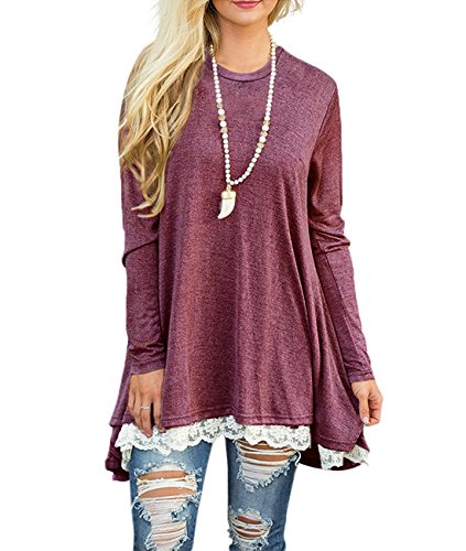 Women's A-line Long Tunic Top Blouse Long Sleeve Lace Hemline Shirts Loose Fit Tunic Dress