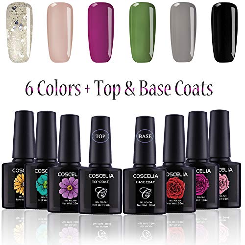 Coscelia 6Pcs Gel Polish UV LED Soak Off Varnish Manicure Pedicure with Top Coat Base Coat Gel Nail Polish Sets 10ml
