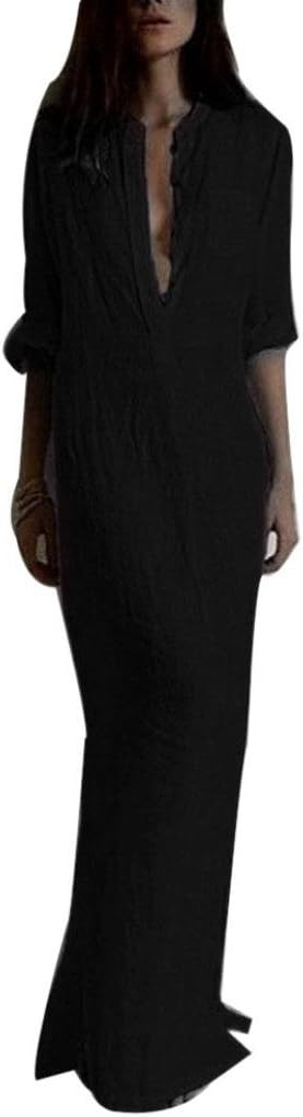 HARRYSTORE Women's Sexy Casual Long Sleeve V-Neckline Solid Long Maxi Dress Cotton Linen Simple Solid Dresses