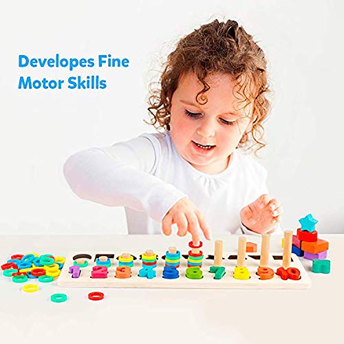 3-in-1 Wooden Blocks Puzzle Board Set, Math Toddler Kids Early Education Shape Sorter Counting Numbers 0-10 Ring, Learning & Educational Toys for Number Counting, Shape Sorting, Colors Stacking