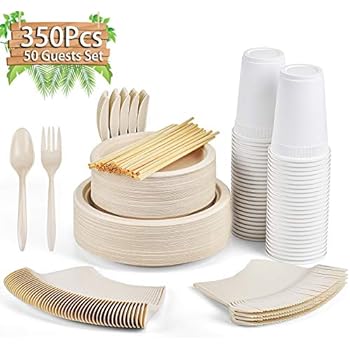 Gezond 350Pcs Disposable Dinnerware Set, Eco-friendly Dinnerware Includes Compostable Biodegradable Plates, Forks, Knives, Spoons, Cups and Straws for 50 Guest Party, Birthday, Picnic