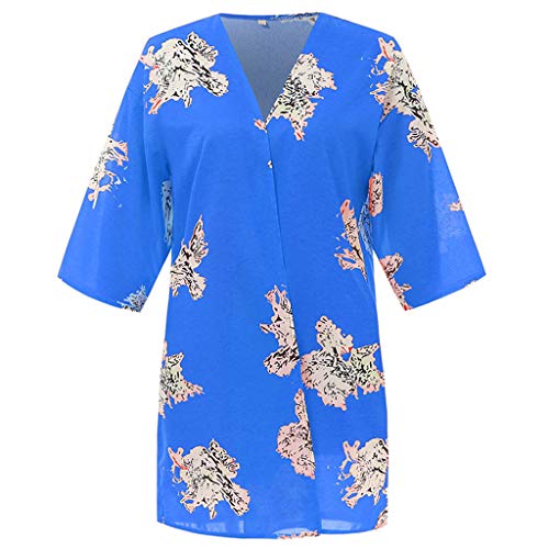 DONTAL Women Loose Summer Floral Flare Half Sleeved Tops Drape Cardigan Kimono Open Front Blue