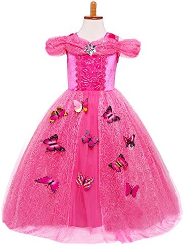 LILYFUN New Cinderella Dress Princess Costume Long Sleeve Christmas Party Butterfly With Crown (Pink-Short Sleeve, Child S 3T/4T)