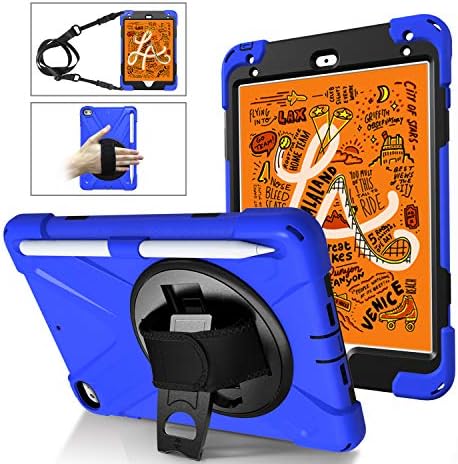 iPad Mini 5 7.9" 2019 Case with Pencil Holder, Heavy Duty Rugged Soft Silicone Case with Multi Viewing Angle Stand/Hand Strap/Shoulder Strap for Apple iPad Mini 5th Gen 2019/iPad Mini 4 2015, Blue