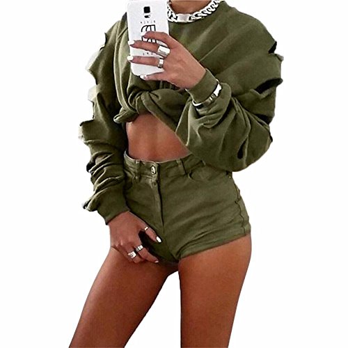 PHOTNO Hollow Hole Long Sleeve Short Sweater crop tops for women (XL, Army Green)