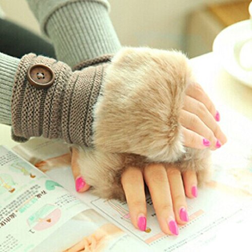 BEAUTYVANï¼Œ Fashion Women Warm Winter Faux Rabbit Fur Mittens Wrist Fingerless Gloves (Khaki)