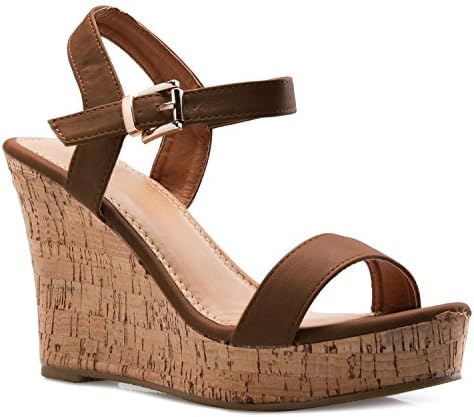 OLIVIA K Women's Open Toe Strappy Mid High Wedge Heel Wood Decoration Buckle Shoes Sandals