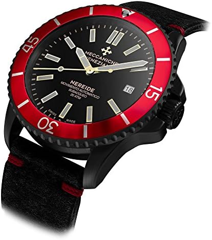 Meccaniche Veneziane Nereide Watch Diver Automatic Swiss Made Men's with Leather Strap and Extra Silicone Strap (Rubino Red PVD)