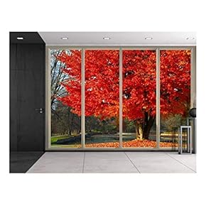 Wall26 - Red Tree by a Lake at The Park During Fall Time Viewed from Sliding Door - Creative Wall Mural, Peel and Stick Wallpaper, Home Decor - 66x96 inches