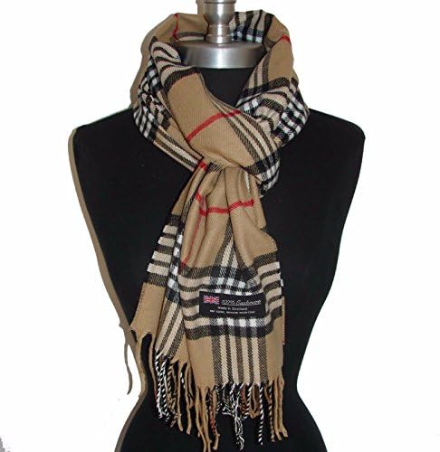 100% Cashmere Scarf Camel White Black Check Plaid Scotland Soft Wool Wrap "A7"
