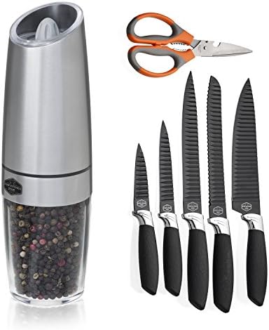 Gravity Electric Salt Pepper Grinder + Premium Kitchen Knives Set with Kitchen Scissors - Combo Pack Great Gift, Adjustable Grind Coarseness, Electronic Battery Powered, Automatic No Buttons Operation