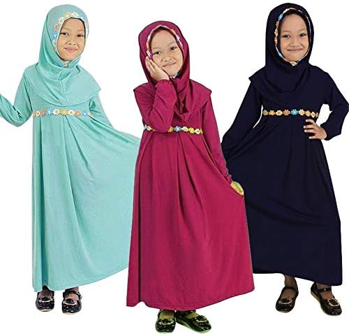 Islamic Long Muslim Dress - Abaya with Hijab Embroidered with Colored Flowers - Long Sleeve - for Baby Toddler Girl