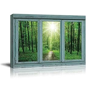 Vintage Teal Window Looking Out Into a Green...