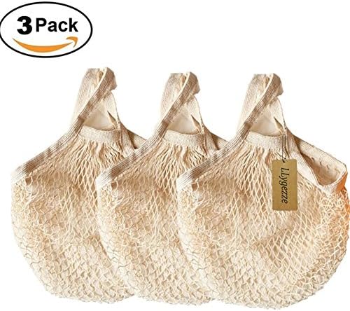 LLygezze Cotton Net Shopping String Bags Reusable Grocery Bags (Short Handle, Beige)