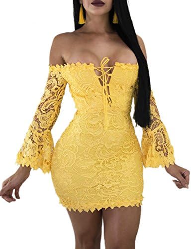 Women's Lace Dress Sexy Off Shoulder Flare Sleeve Floral Bodycon Party Club Mini Dress