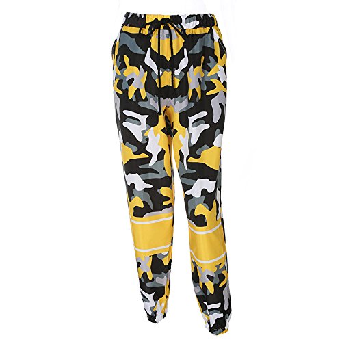 Yellow Camouflage Print Pockets High Waisted Casual Camo Long Pants  Cargo pants  women Womens camo Pants for women