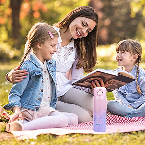 Kids Water Bottle Thermoses Mermaid Water Bottle Cup Metal Stainless Steel Vacuum Insulated Water Flask for School Kids Girls Leak Proof BPA Free (Pink-purple mermaid 17oz) - Thumbnail 5