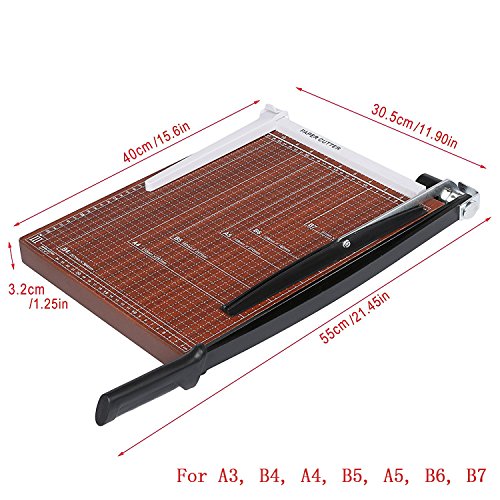 Guillotine Paper Cutter and Trimmer, 15 inch Cut Length, 12 Sheet Capacity for Home Office, Automatic Clamp, Sturdy Wood Base (Red)