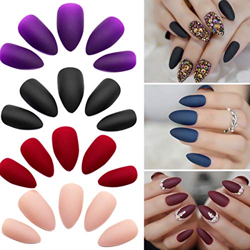 editTime 12 sets/288pcs Solid Colors Matte Acrylic Stiletto False Nails Full Cover Fake Nails Tips Natural Medium Claw Nails Tips with a Crystal Nail File