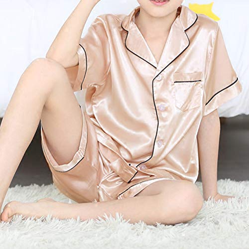 Kids Satin Pajamas Set Pjs Short Sleeve Button-Down Sleepwear Loungewear Set Girls Boys Pajamas Set Champagne