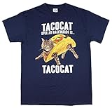 Fashion Tacocat Spelled Backwards Is Tacocat Kitty Cat Navy Graphic T-Shirt (L, 40/42)