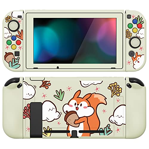 PlayVital ZealProtect Soft Protective Case for Nintendo Switch, Flexible Cover for Switch with Tempered Glass Screen Protector & Thumb Grips & ABXY Direction Button Caps - Squirrel with Acorn