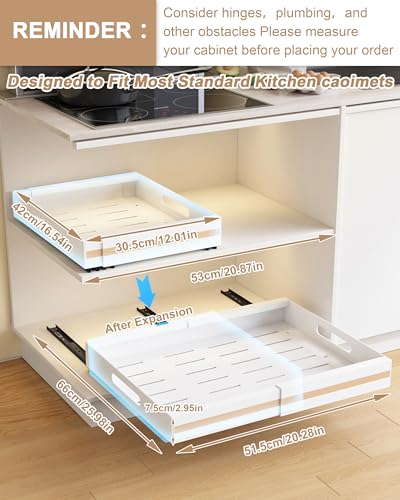 UMDONX 2 Pack Expandable Pull out Cabinet Storage Organizer Kitchen Cupboard Drawers, No Drill Adhesive Pantry Shelf Peel and Stick Sliding Rack(Durable Metal White Load 65LBS)