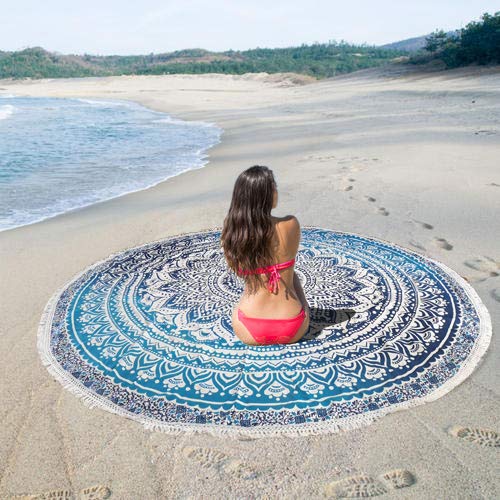 AVA Collections Large Blue Mandala Beach Towel Blanket Cotton Handmade Round Blanket Throw Circular Mandala Meditation Rug Round Picnic Blanket Rug [72" inches] (I)