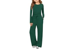 Haloumoning Girls 2 Piece Outfits Kids Ruched Long Sleeve Tops and Wide Leg Pants with Pockets Sweatsuit Clothing Sets