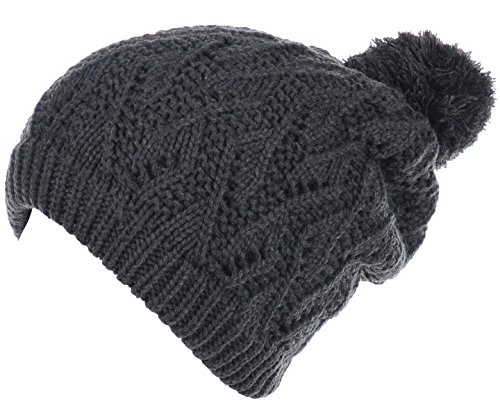 BYOS Winter Adorable Warm Plush Fleece Lined Leafy Chucky Slouchy Knit Beret Beanie Hat W/Pom,Wool Blend (Charcoal Gray)
