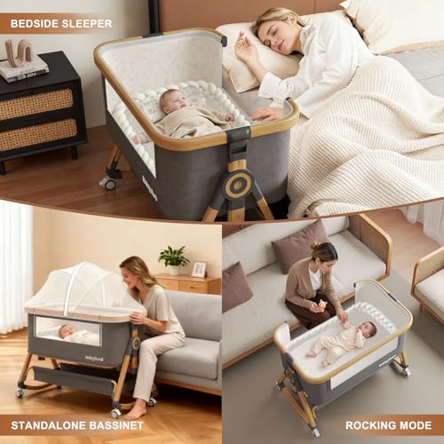Jimberbay Baby Bassinet, 4 in 1 Bedside Cribs with 4D Air Fiber Mattress & Mosquito Net, Waterproof Mattress Bedside Sleeper Baby Cot with Height Adjustment & Storage Basket, Light Grey