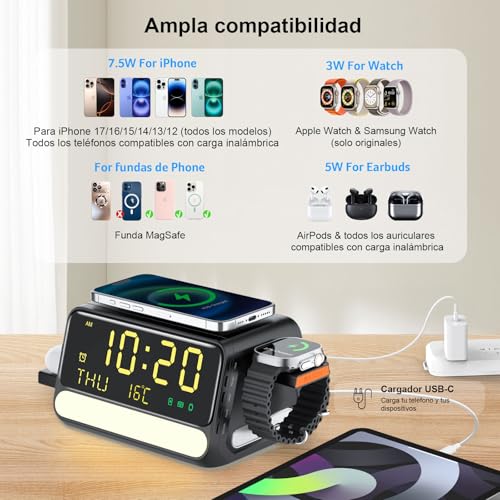 Soporter Cargador Inalámbrico 7 en 1 con Reloj y Luz Nocturna, Estación de Carga Rápida 33W para iPhone 17/16/15/14/13/12, Apple Watch, AirPods y Samsung S26 S25 Ultra Watch