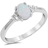 Oval Lab Created White Opal & Round Cubic Zirconia .925 Sterling Silver Ring Sizes 4-11