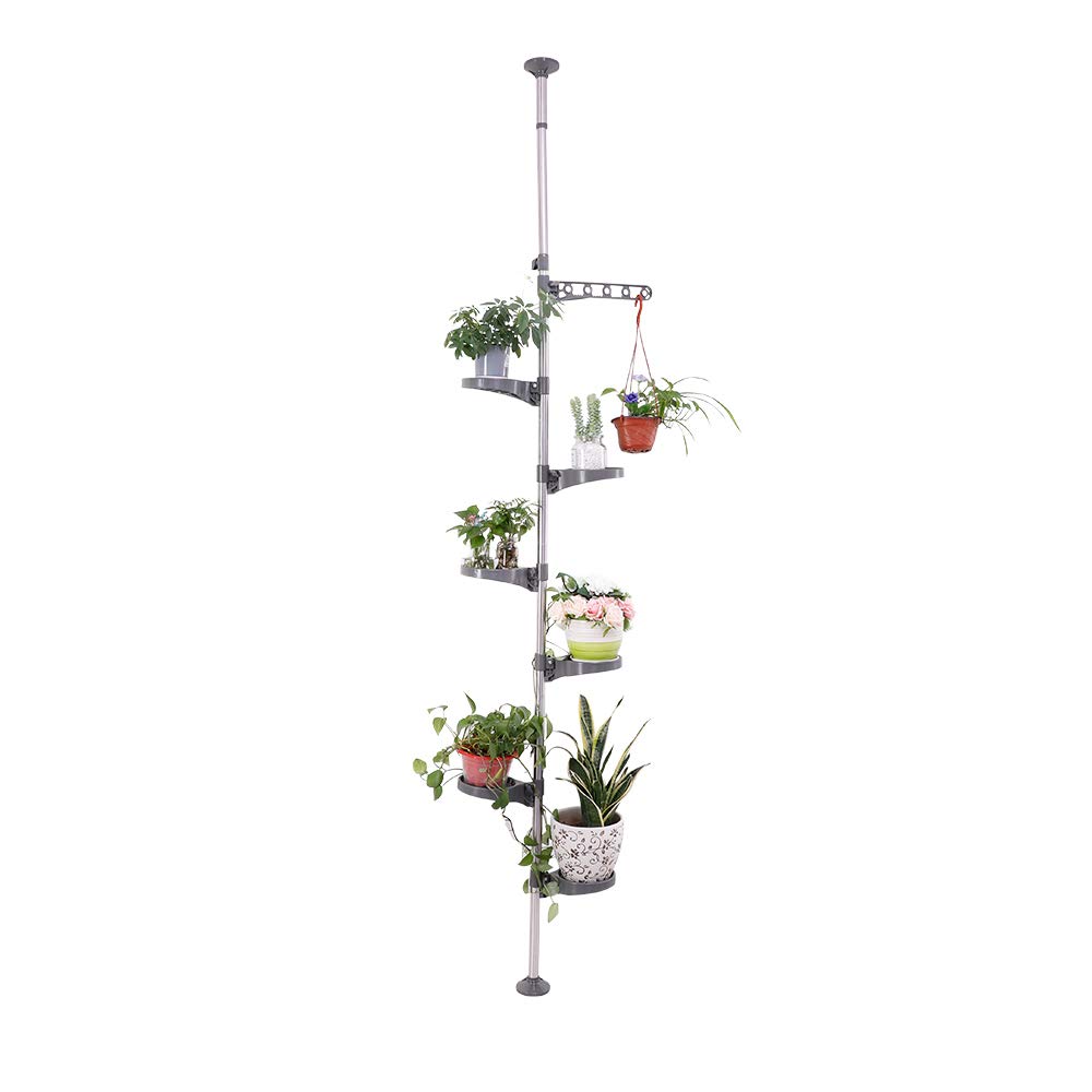 BAOYOUNI 7-Tier Indoor Plant Pole Spring Tension Rod Expandable Flower Pots Display Rack Stand Hanger Metal Corner Storage Shelf, Grey