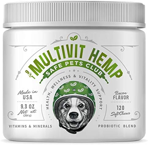 SAFE PETS CLUB 9-in-1 Dog Multivitamin with Organic Hemp Oil – Dog Joint Supplement – Daily Dog Vitamins and Minerals with Antioxidants – Immune Support – Probiotics for dogs – 120 Chews – Made in USA