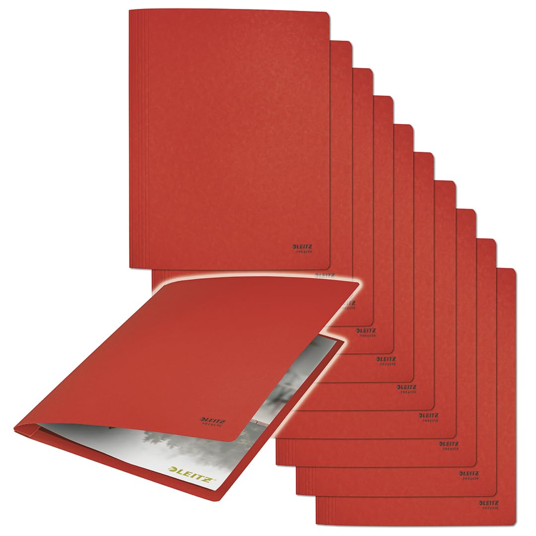 Leitz Recycle 39040025 A4 File Folder, Pack of 10, Holds 250 Sheets, Sturdy Metal Hangers for Storing Documents, 100% Recycled Cardboard, Environmentally Friendly, Recycle Series, Red