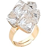 Boho Square Crystal Statement Ring for Women Girls Gold-Toned Adjustable Expandable Promise Engagement Geometric Rings Comfort Fit Elegant Art Deco Birthday Christmas Cocktail Party Y2K Jewelry