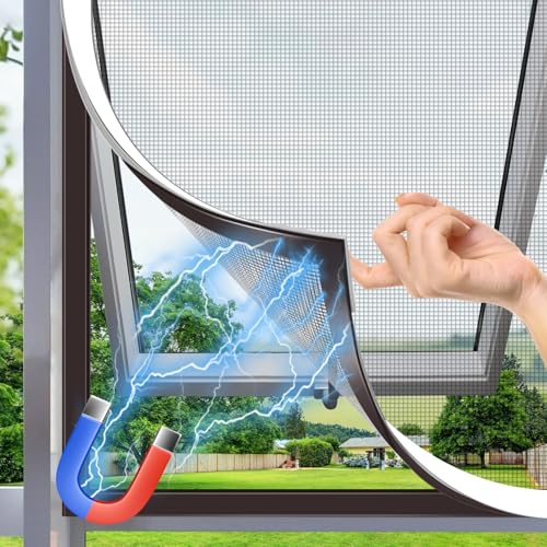 HOFUDON Window Screen Adjustable Magnetic Moustiquaire Magnétique Replacement Max 39" x 59"（100cm x 150cm), DIY Fiberglass Mesh Window Screens for House Windows White Frame Grey Mesh