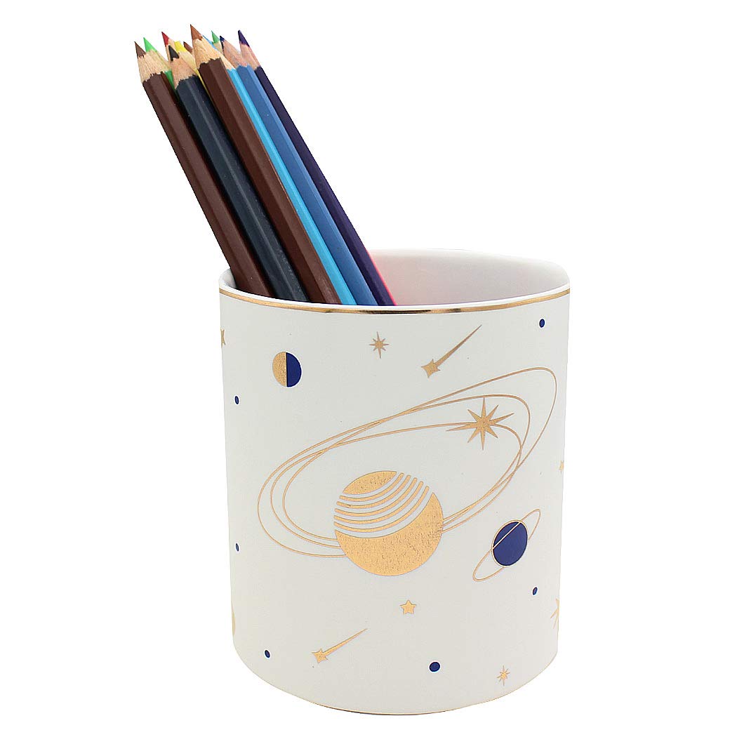 SIPLIV Starry Sky Pencil Holder Pen Containers, Durable Ceramic Desk Organizer Makeup Brush Holder for Office Classroom Home - Planet, White