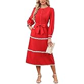 Women Button Up Long Sleeve Belted Midi Dress Elegant RIC Rac Tie Waist A-Line Dress with Pockets