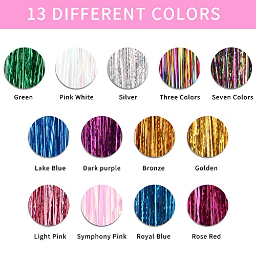 SYGY Hair Tinsel Kit, 13 Colors Tinsel Hair Extensions for Women Girls, Fairy Hair Tinsel Heat Resistant Glitter Sparkling Shiny Colorful Synthetic Hair 2400 Strands 40 Inches
