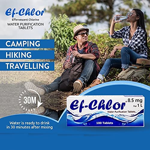 Ef-Chlor 8.5 mg Water Purification Tablets (100 Tablets) – Compact, Fast-Acting, and Reliable Solution for Safe Drinking Water in Emergencies, Travel, Hiking, Camping, and Outdoor Adventures